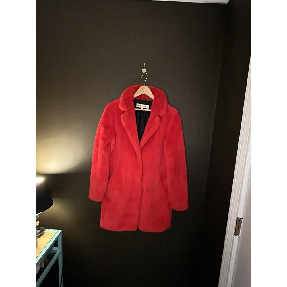 Sebby Collection Womens M Red Faux Fur Coat Plush Notch Collar 3/4 Length